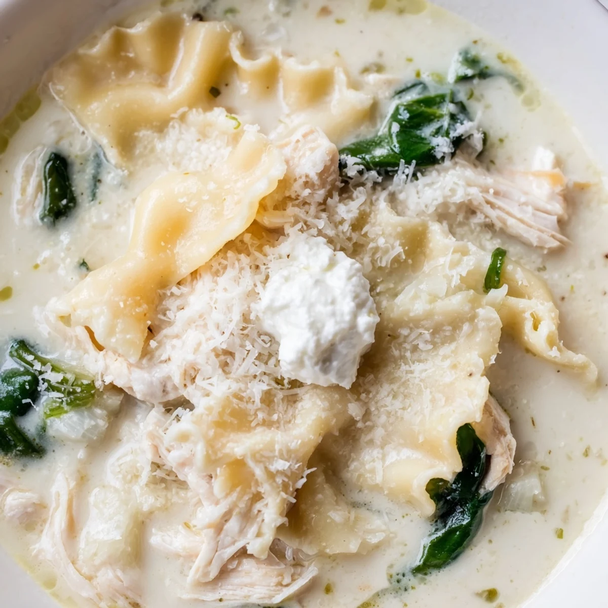 Steaming bowl of quick white lasagna soup with tender broken noodles spinach and golden Parmesan garnish