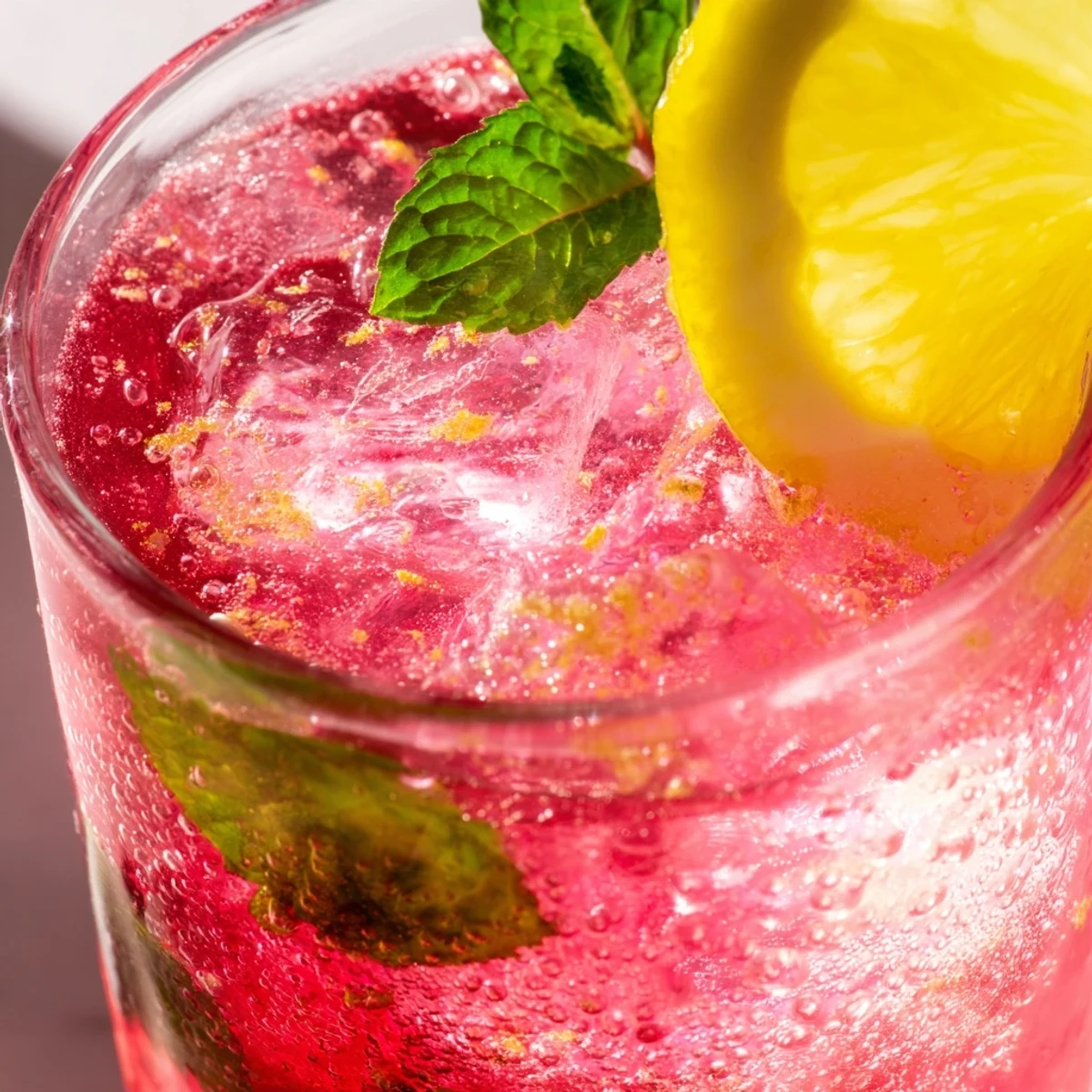 Honey lemon pink soda in tall glasses with ice, mint leaves, and bright lemon slices.