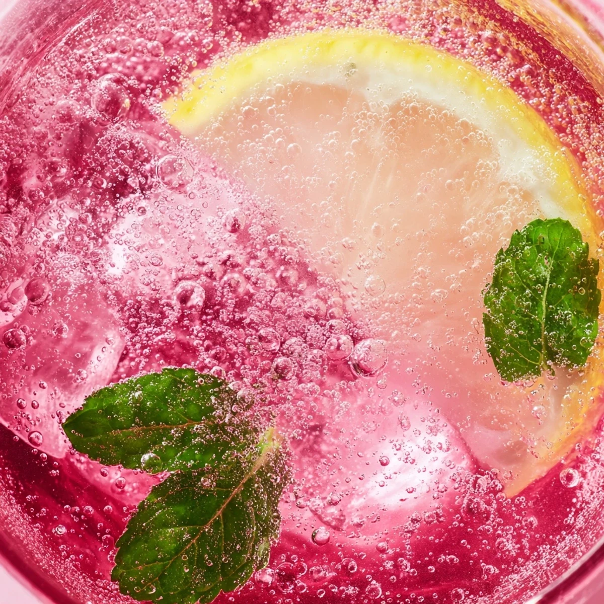 Sparkling honey lemon pink soda garnished with fresh mint and served over cracked ice.