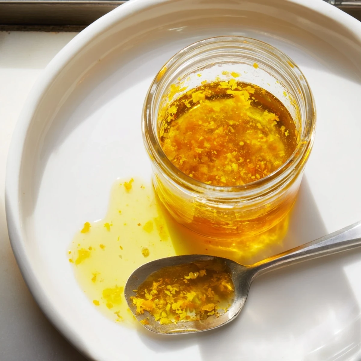 Golden citrus vinaigrette drizzled over crisp mixed greens in a rustic wooden bowl