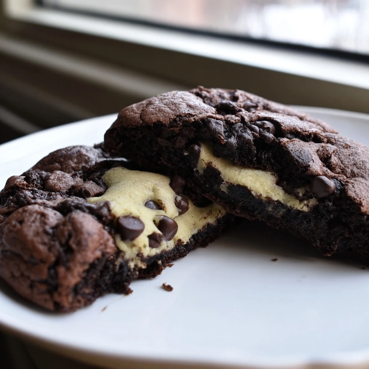 Fudgy brownie cookies stuffed with cookie dough on a rustic baking sheet