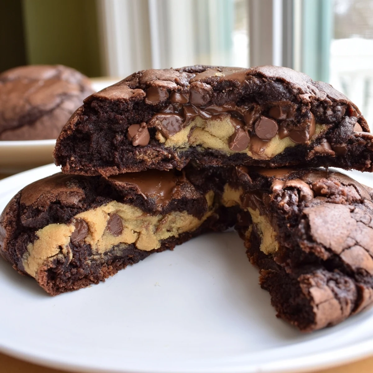 Thick fudgy brownie cookies stuffed with cookie dough cracking on a wire cooling rack