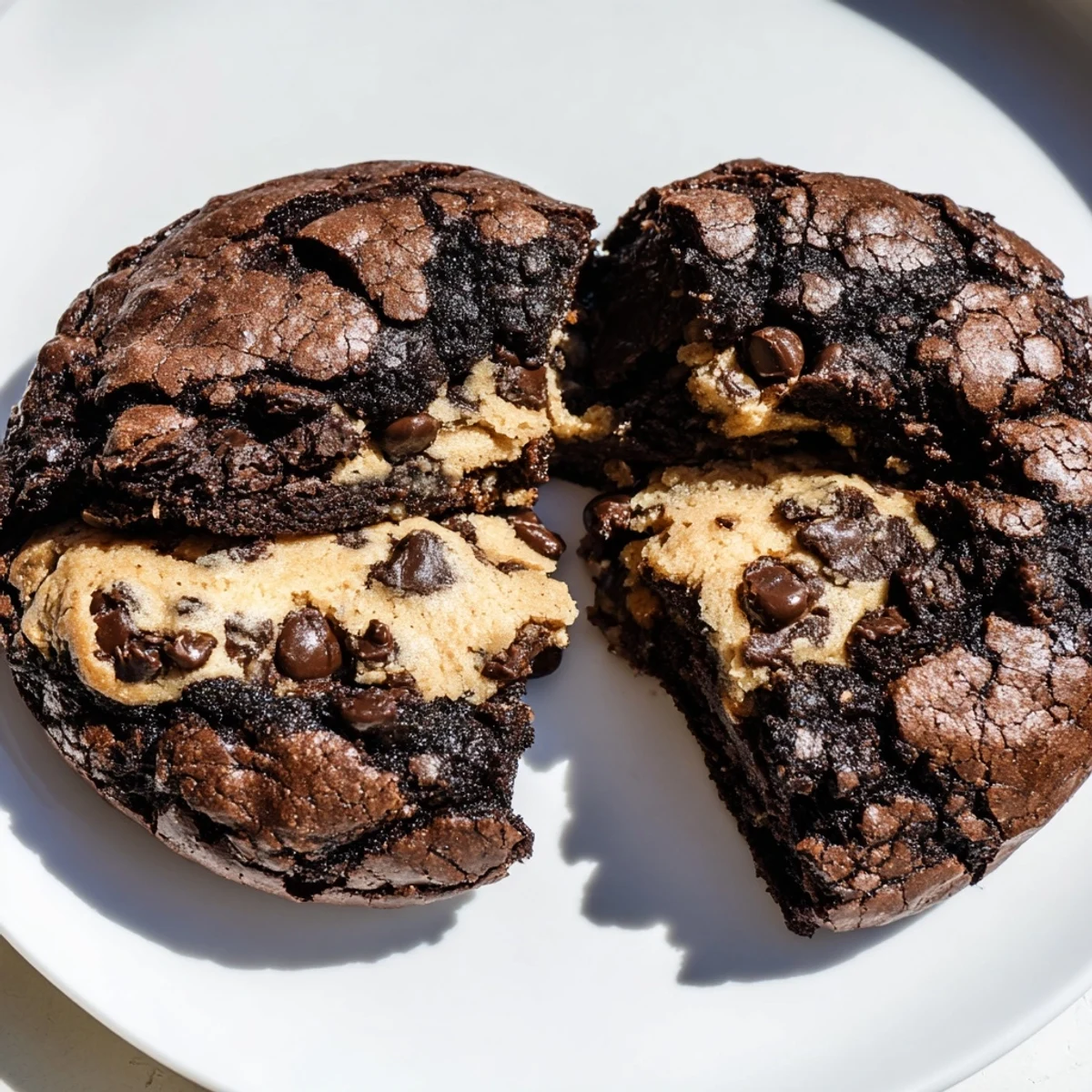 Gooey fudgy brownie cookies stuffed with cookie dough dusted with cocoa powder