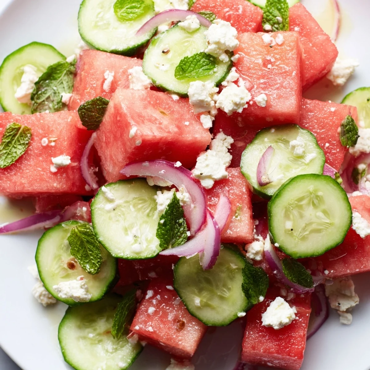 Watermelon Feta Salad with juicy melon cubes and creamy crumbled cheese in a white serving bowl