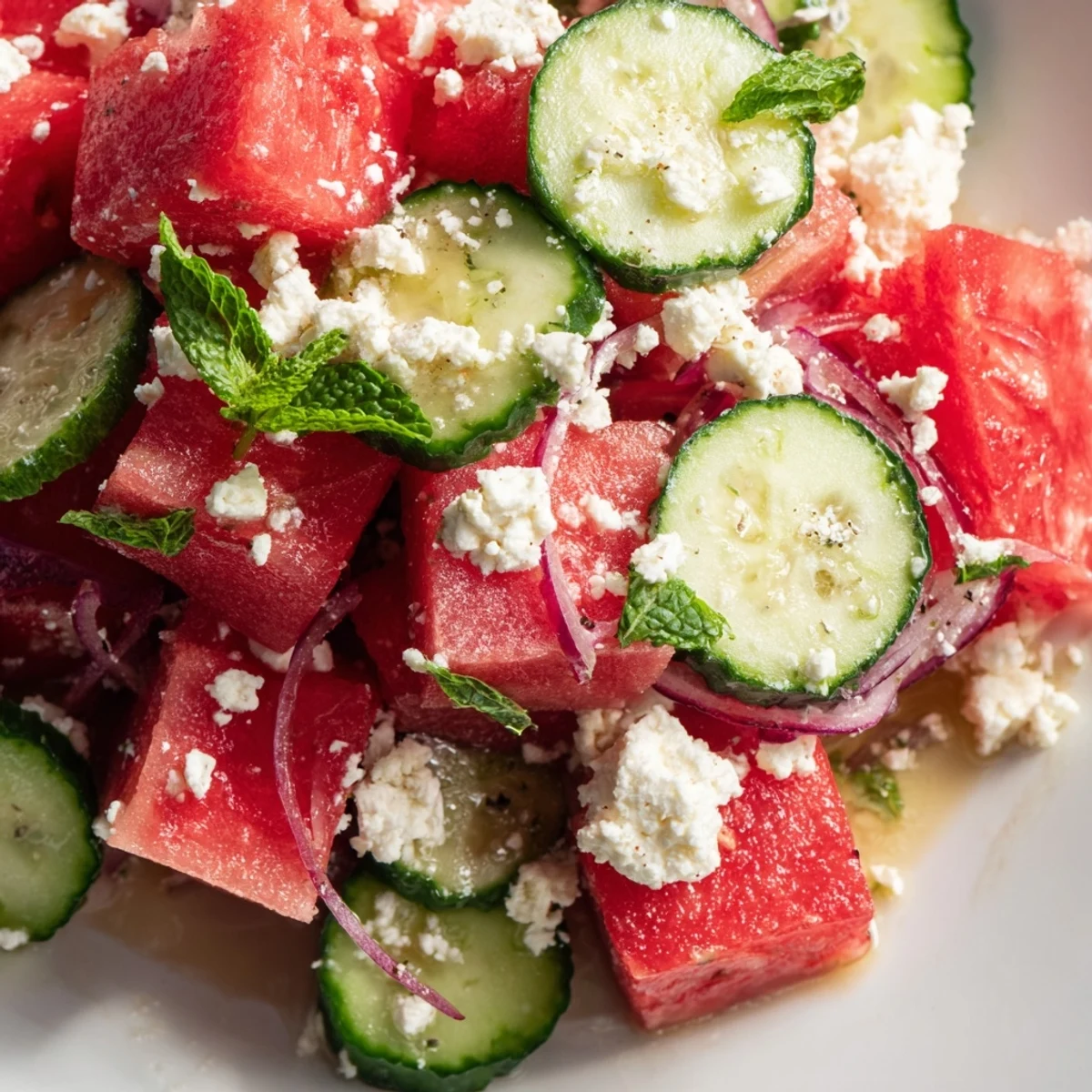 Refreshing Watermelon Feta Salad garnished with fresh mint leaves and drizzled with tangy lime dressing