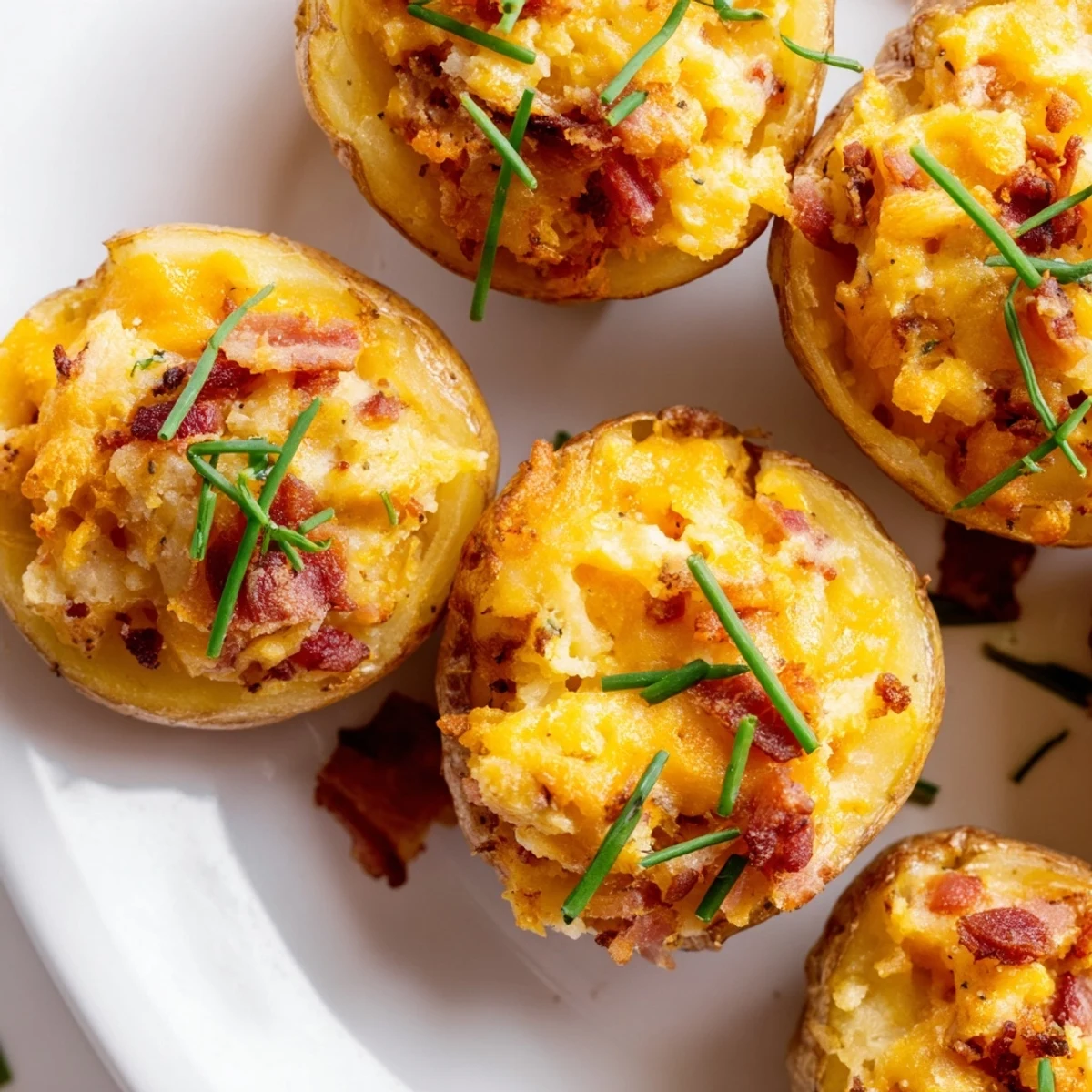 Golden Irish Potato Bites topped with chives, filled with melted cheddar and crispy bacon