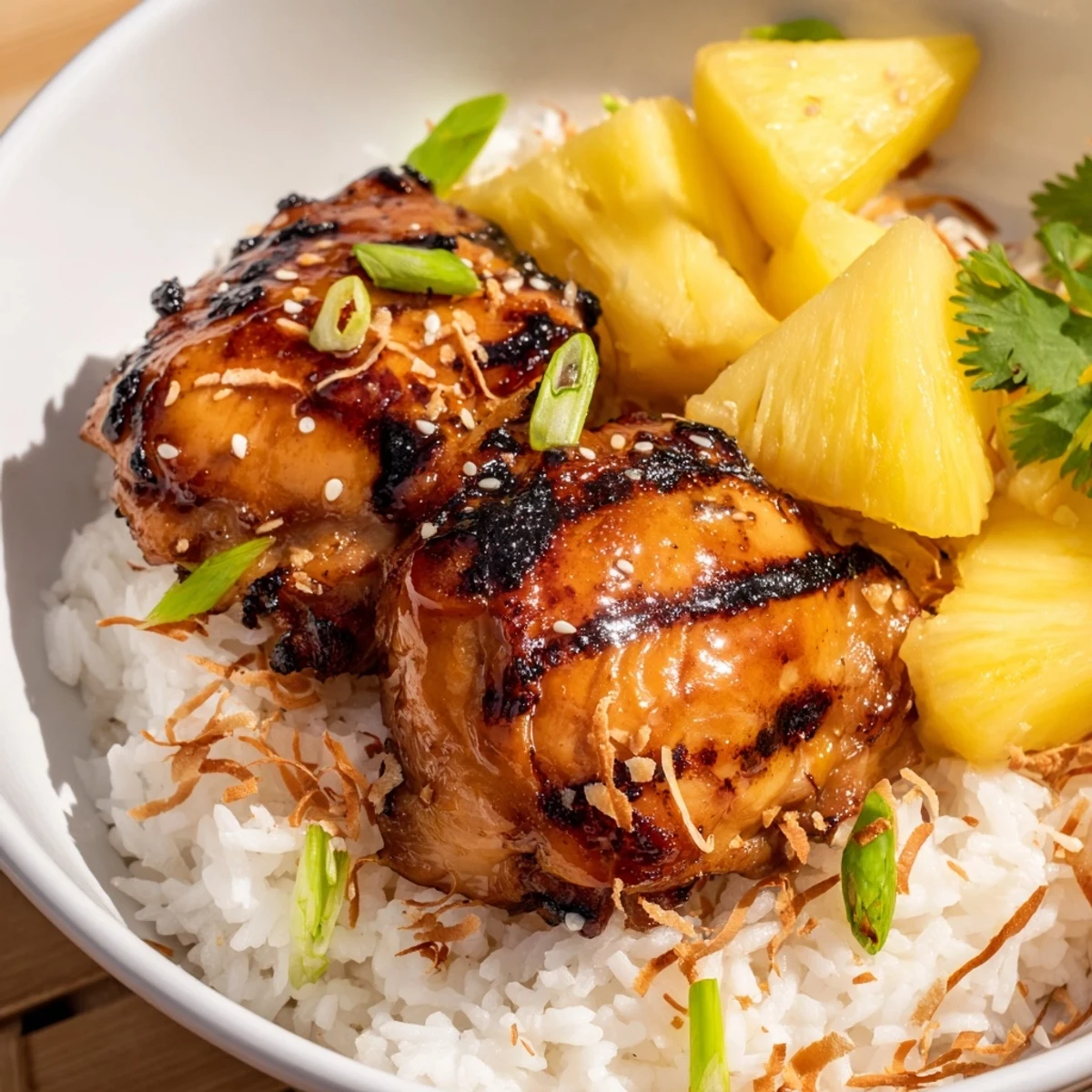 Glazed Hawaiian chicken resting on fragrant coconut rice with juicy pineapple chunks and fresh cilantro