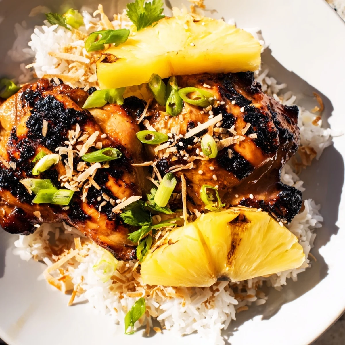 Caramelized Hawaiian chicken served alongside fluffy jasmine coconut rice topped with green onion slices