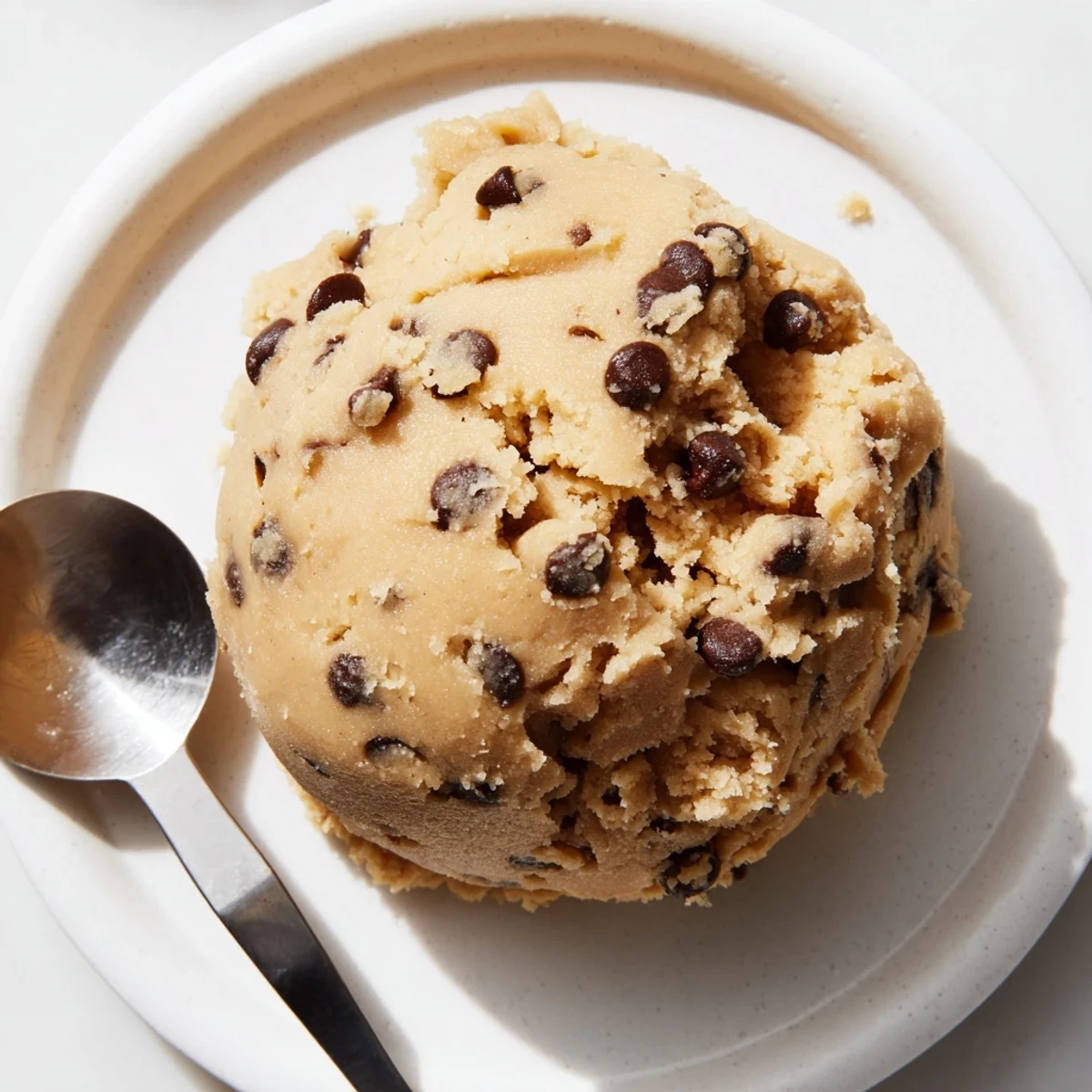 Creamy chocolate chip cookie dough scooped into balls and studded with semisweet chips