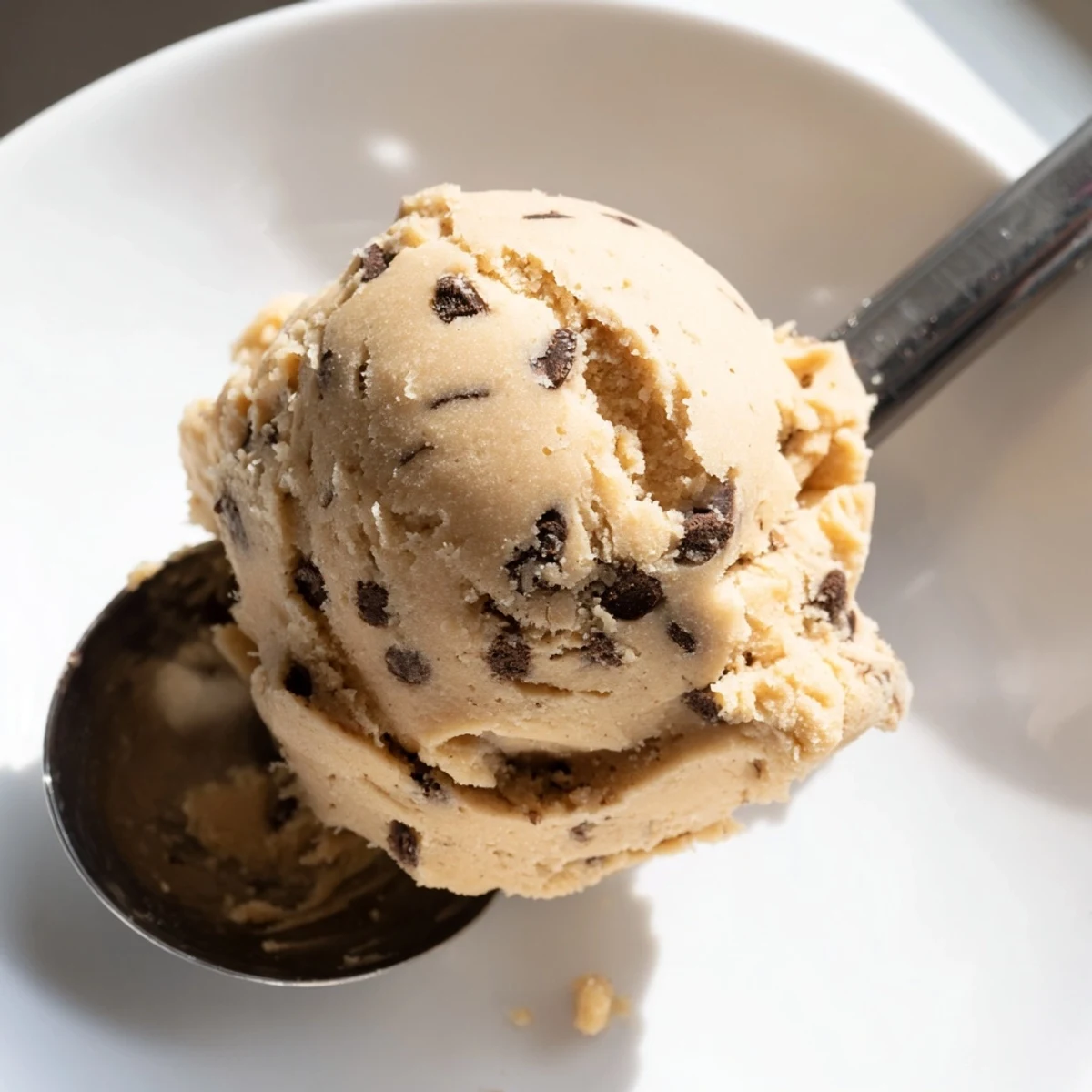 Edible chocolate chip cookie dough in a mixing bowl with scattered chocolate morsels