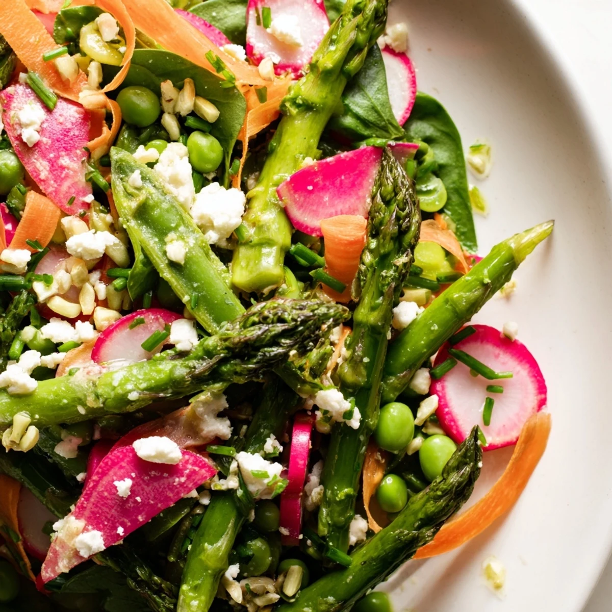 Bright spring salad with crisp radishes, blanched asparagus, and crumbled feta on a rustic plate