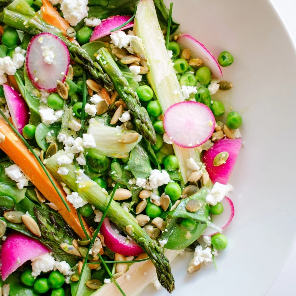 Colorful bright spring salad featuring baby spinach, carrot ribbons, and a glossy citrus vinaigrette