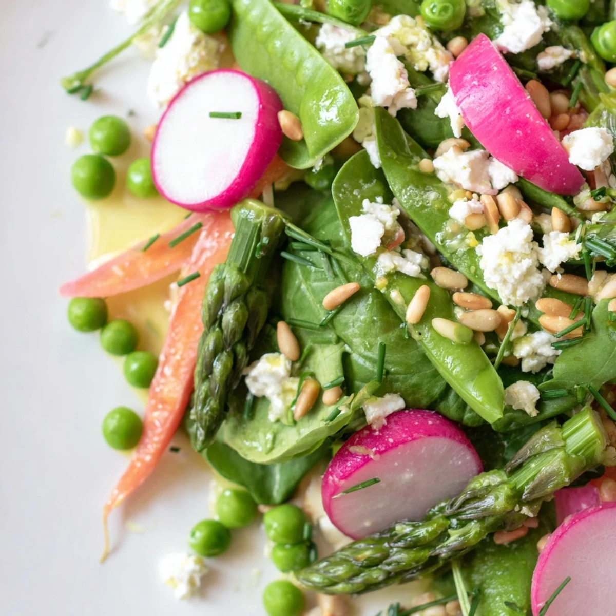 Vibrant bright spring salad topped with toasted sunflower seeds and fresh herbs in a wooden bowl