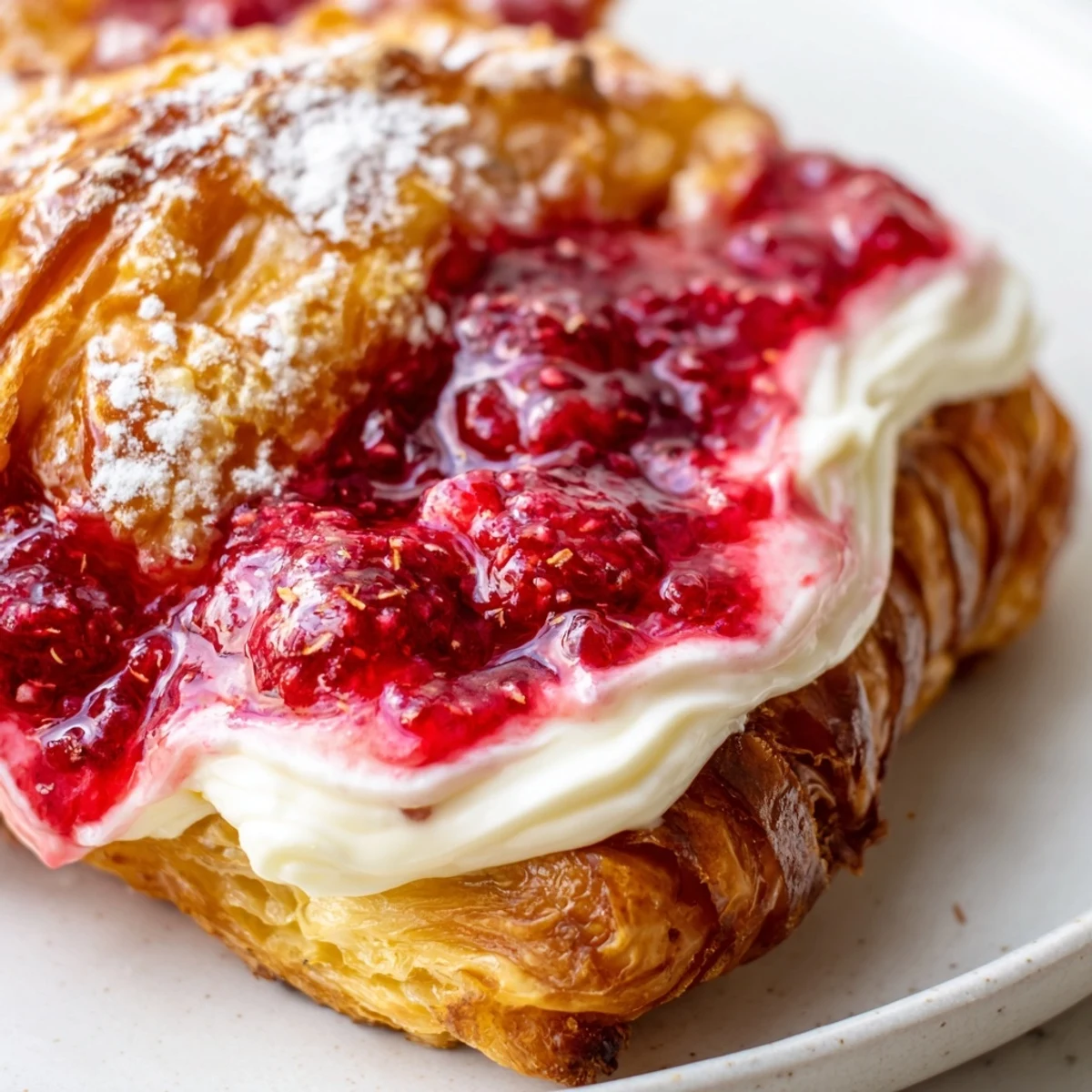Golden Sourdough Discard Raspberry Cream Cheese Danishes drizzled with sweet vanilla glaze on rustic parchment paper