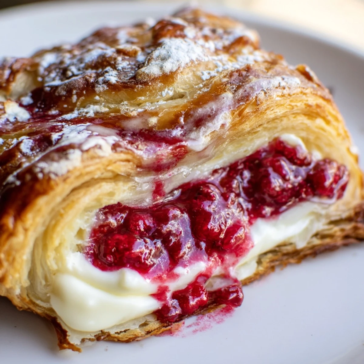 Flaky pastries filled with tangy cream cheese and bright red raspberries, perfect for weekend brunch