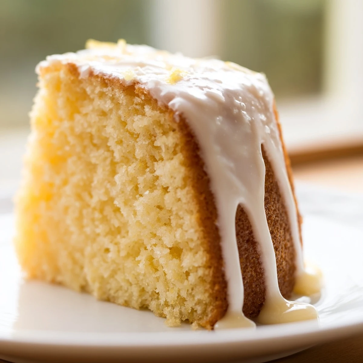 Golden church cake with vanilla glaze drizzled over a moist, tender sponge slice