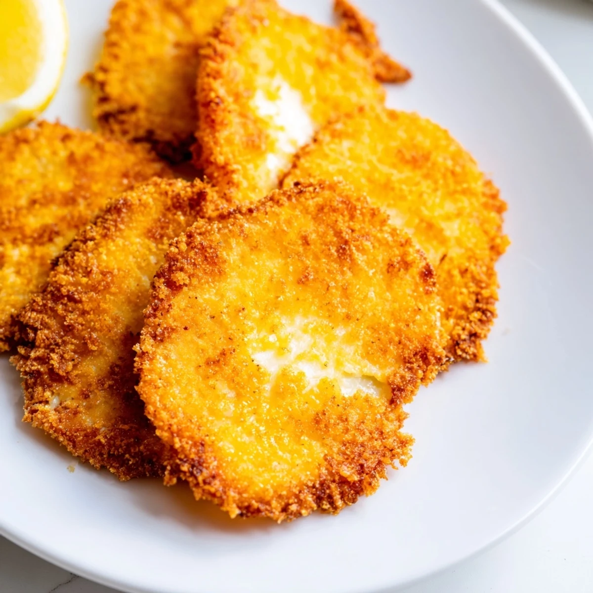 Golden crispy Greek fried cheese sizzling in pan with fresh lemon wedges nearby