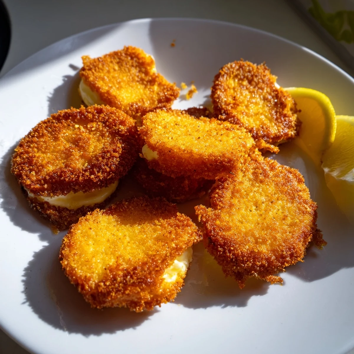 Crispy Greek fried cheese slices with crunchy coating served hot alongside bright lemon