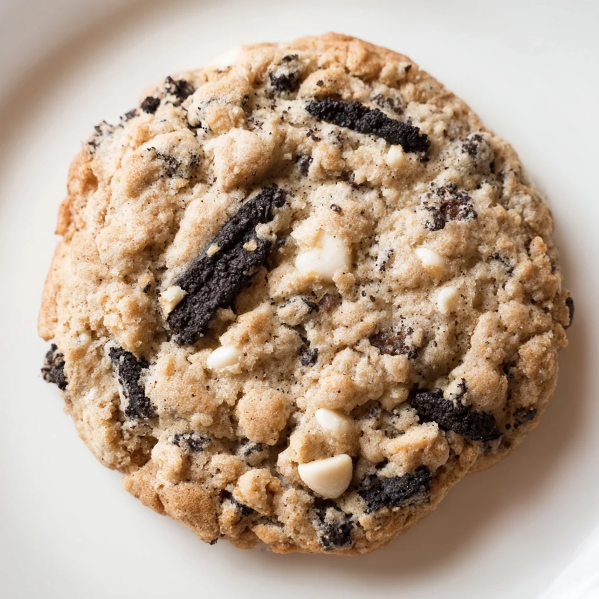 Soft chewy cookies and cream cookie with white chocolate chips on rustic baking sheet