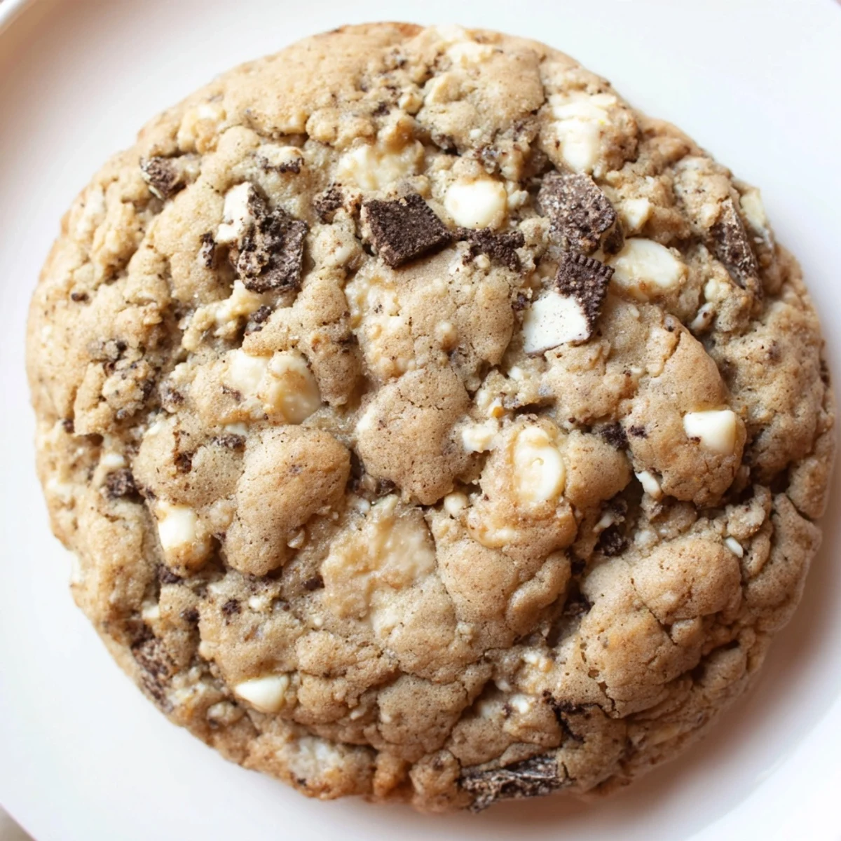 Chopped chocolate sandwich cookies peek through golden cookies and cream cookie with creamy chips