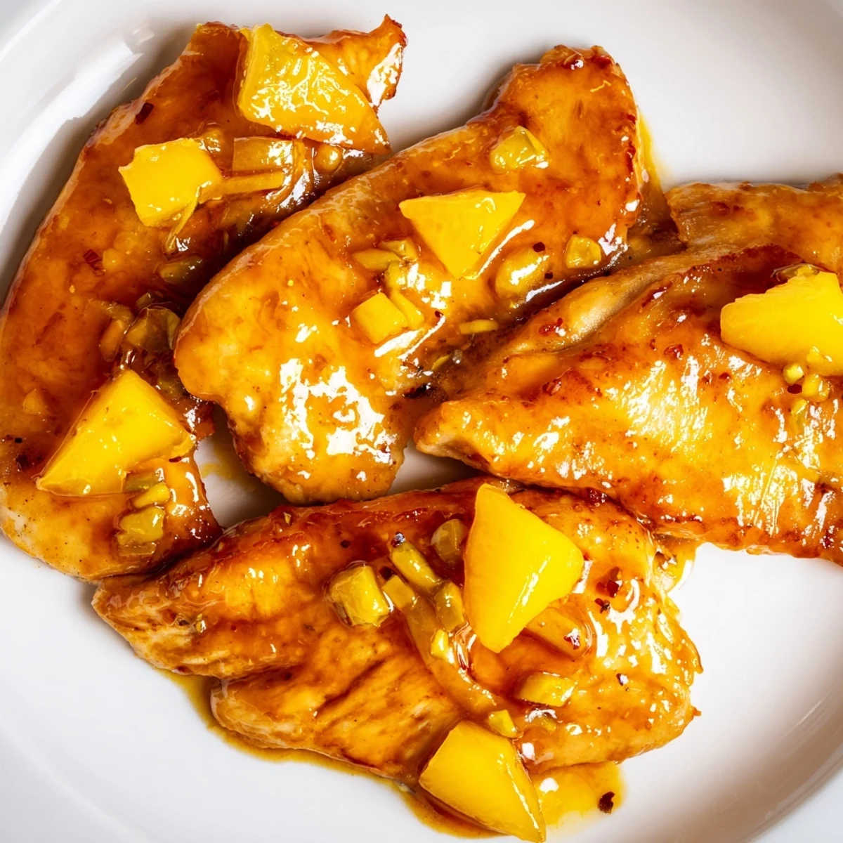 Jalapeno Peach Chicken glazed with glossy golden sauce on a white serving platter