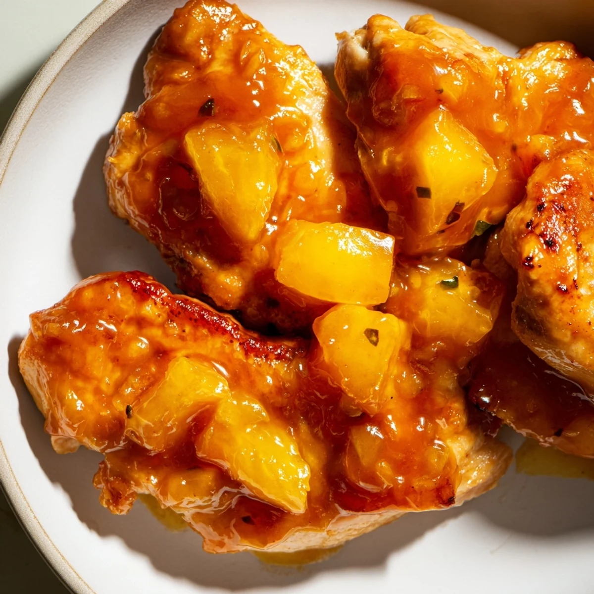 Golden seared Jalapeno Peach Chicken topped with fresh peach slices and cilantro