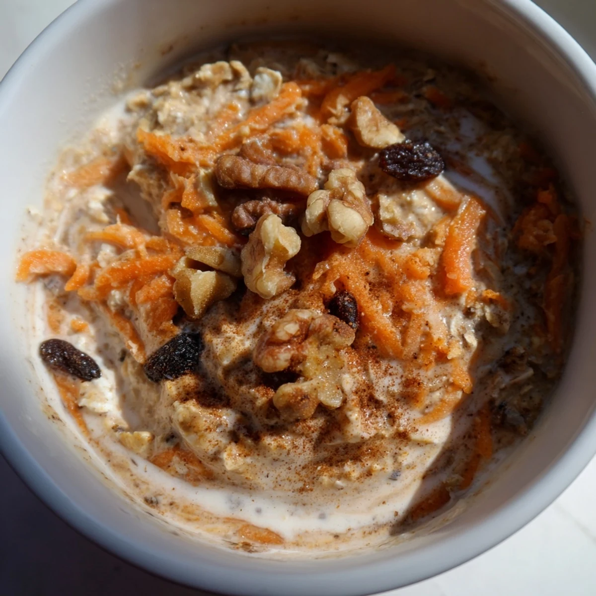 Creamy carrot cake overnight oats in a mason jar topped with crunchy walnuts and cinnamon sprinkles