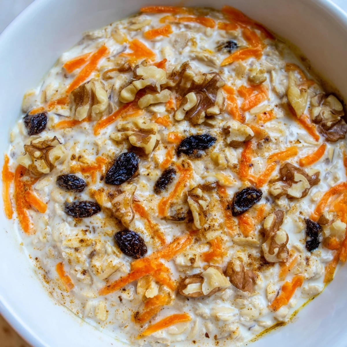Carrot cake overnight oats with grated carrots, raisins, and a dollop of Greek yogurt