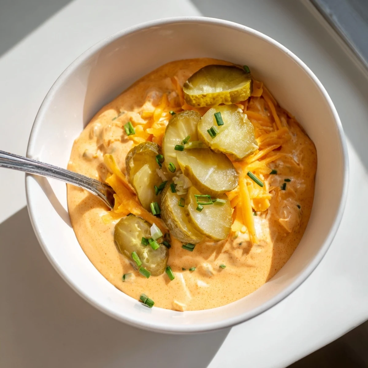 Creamy buffalo pickle dip in a serving bowl surrounded by crispy chips and fresh veggie sticks