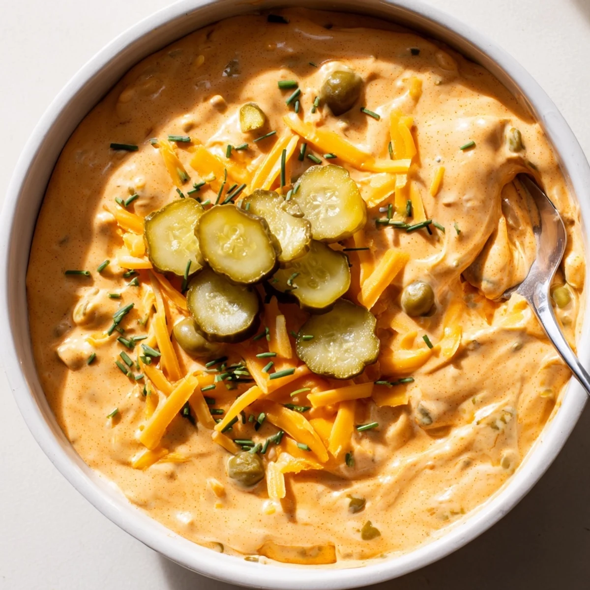 Tangy buffalo pickle dip topped with cheddar cheese and chopped chives in a rustic bowl