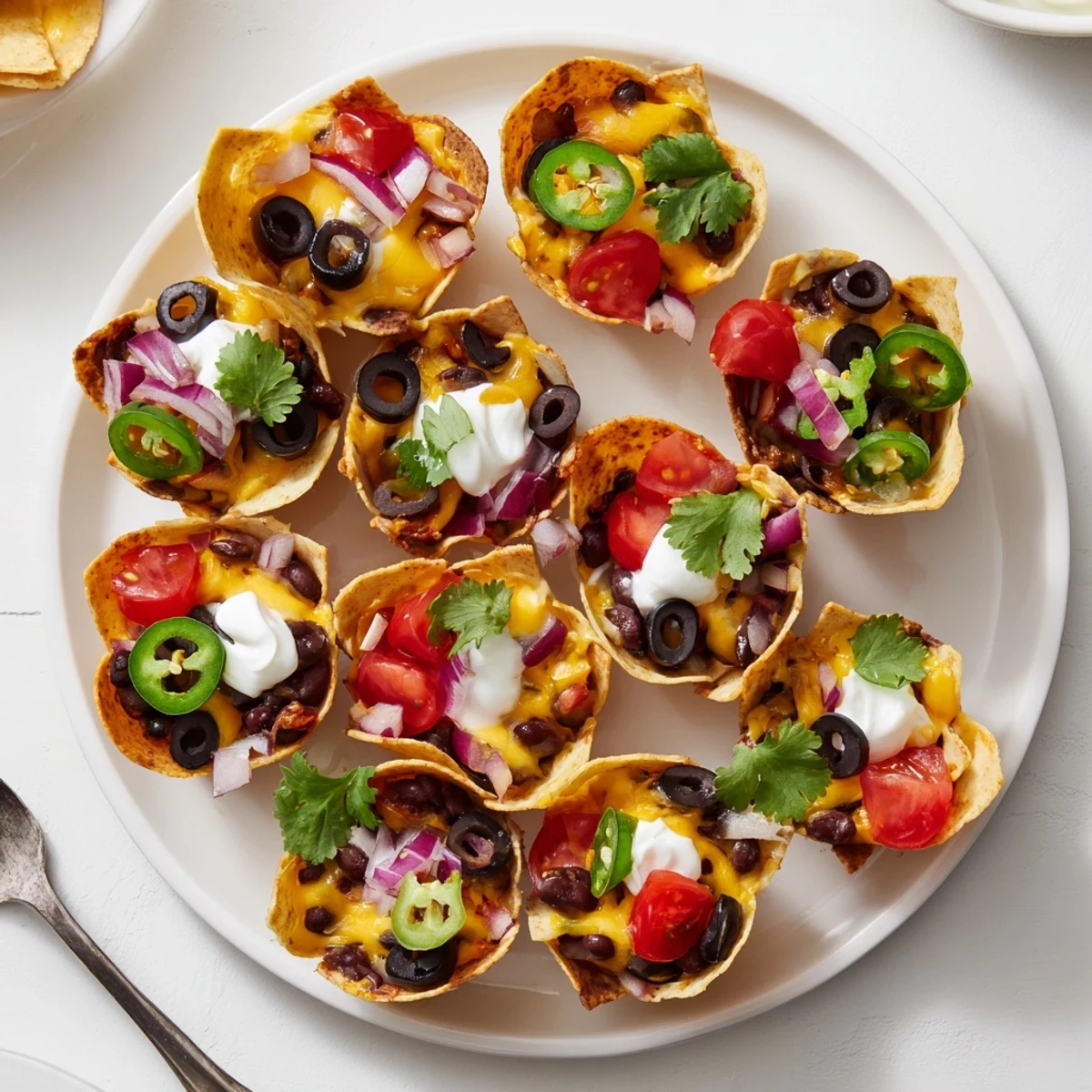 Golden cheesy nacho cups bubbling with melted cheddar and colorful toppings in muffin tin