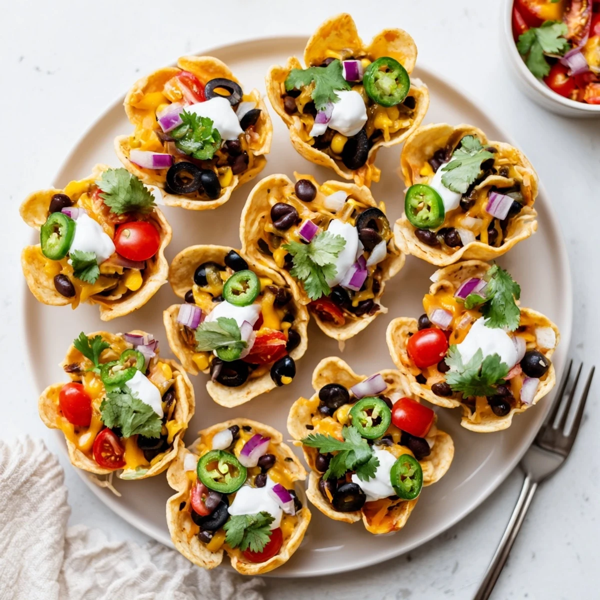 Mini tortilla cups overflowing with gooey Monterey Jack cheese and zesty jalapeño slices