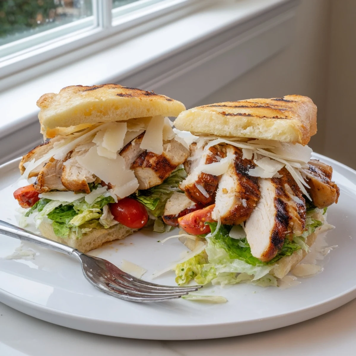 Juicy grilled Chicken Caesar Sandwich with creamy dressing and shaved Parmesan on crusty bread