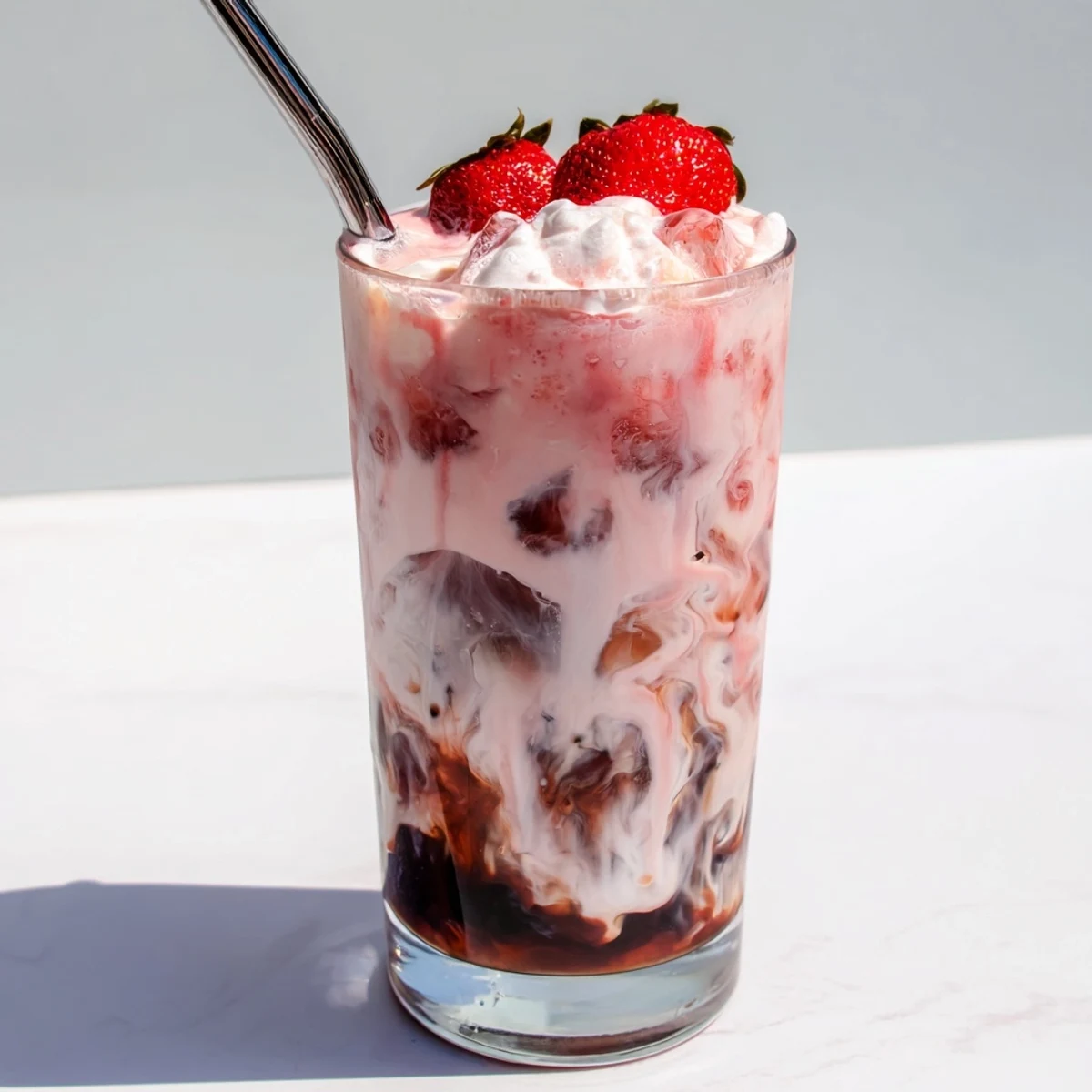 Creamy strawberry cold latte in a tall glass with whipped cream topping and fresh berry garnish