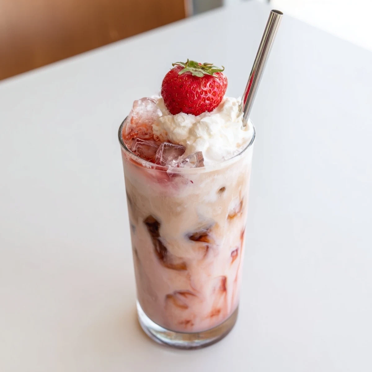 Iced strawberry cream latte with layers of pink strawberry puree, cold milk, and rich espresso