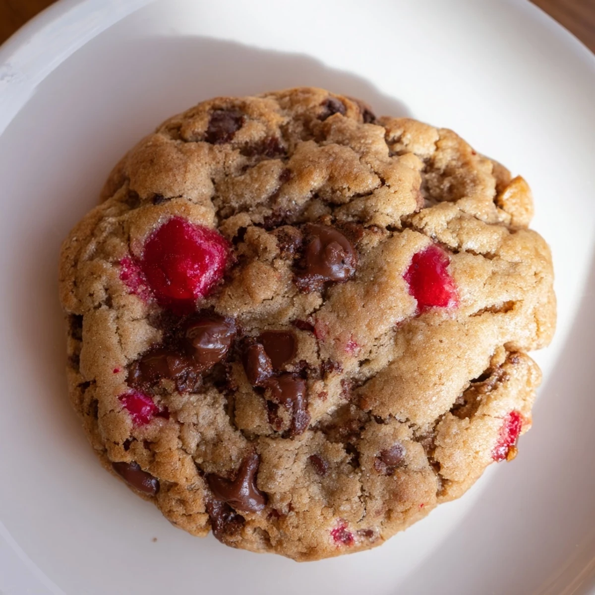 Soft maraschino cherry chocolate chip cookies with melted chips and bright red fruit pieces