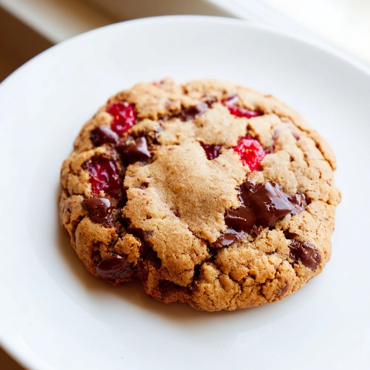 Chewy maraschino cherry chocolate chip cookie with golden edges on a rustic baking sheet