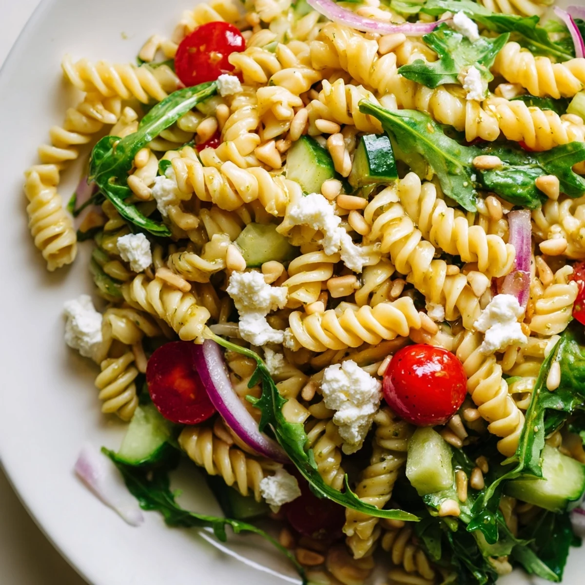 Quick lemon arugula pasta salad tossed with juicy cherry tomatoes in a bright citrus dressing