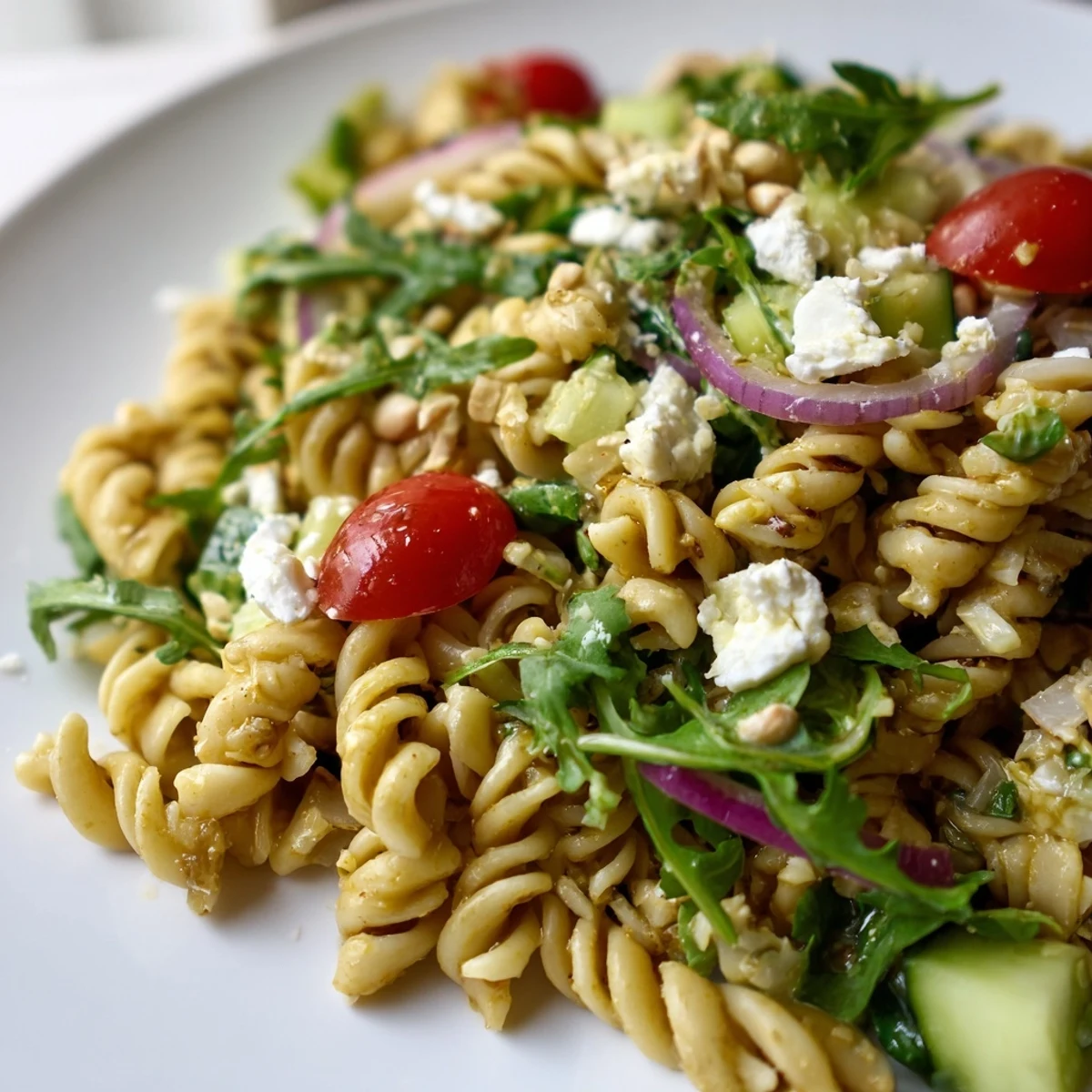 Fresh arugula and tender pasta coated in zesty lemon dressing with crisp cucumber pieces