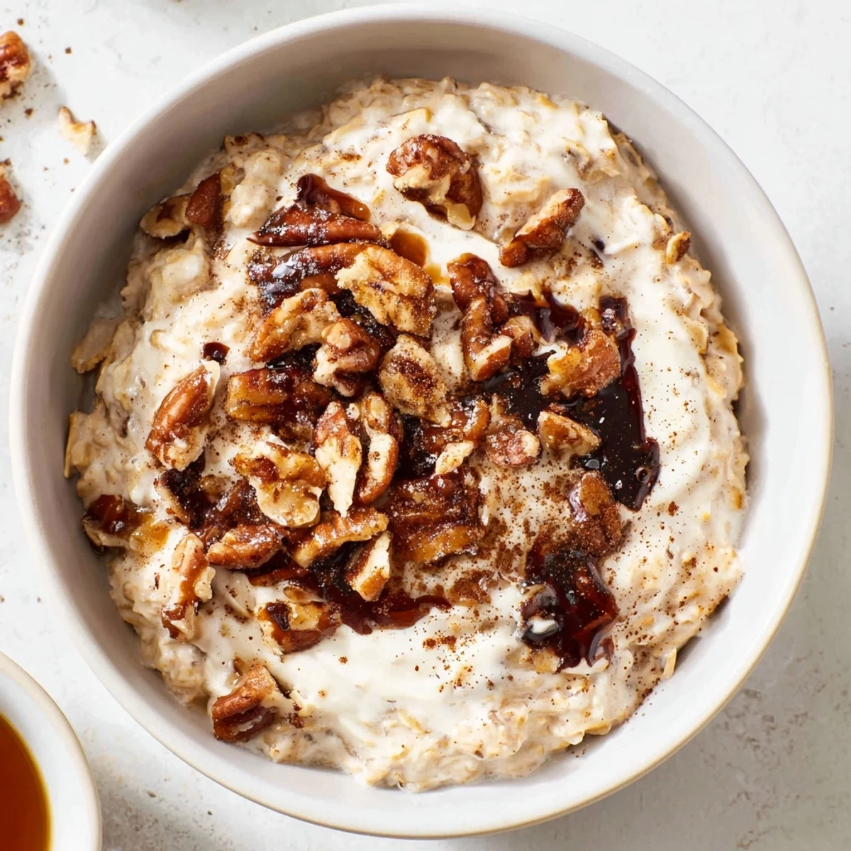 Creamy maple cinnamon pecan overnight oats served in a mason jar with crunchy pecan topping