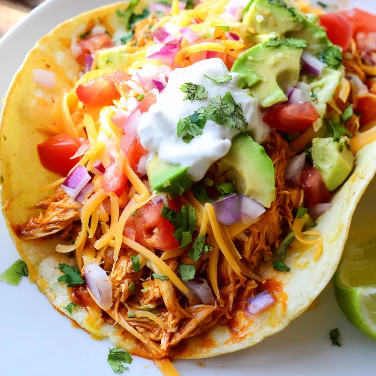 Juicy slow cooker shredded chicken tacos piled high with fresh lettuce, diced tomatoes, and creamy avocado slices