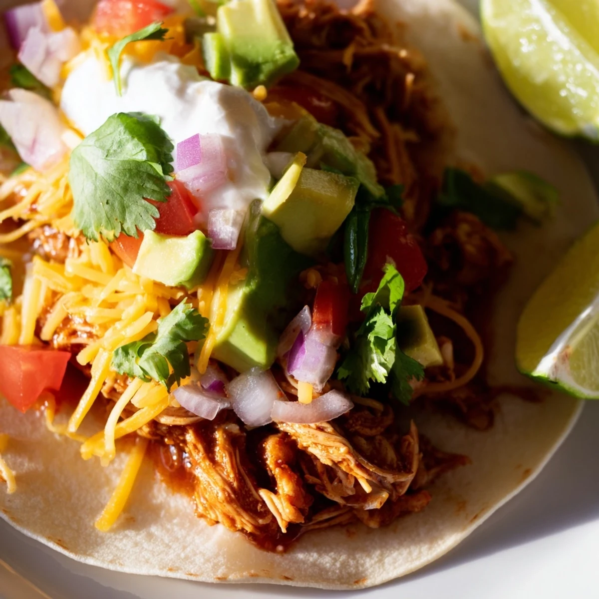 Tender slow cooker shredded chicken tacos topped with melted cheese, sour cream, and bright green cilantro leaves