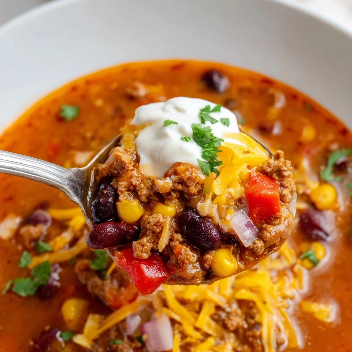 Steaming bowl of Crockpot Ground Beef Taco Soup topped with shredded cheese and cilantro