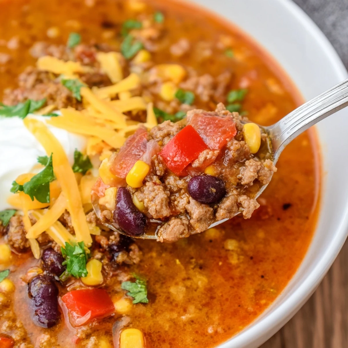 Hearty Crockpot Ground Beef Taco Soup loaded with beans, corn, and tender beef