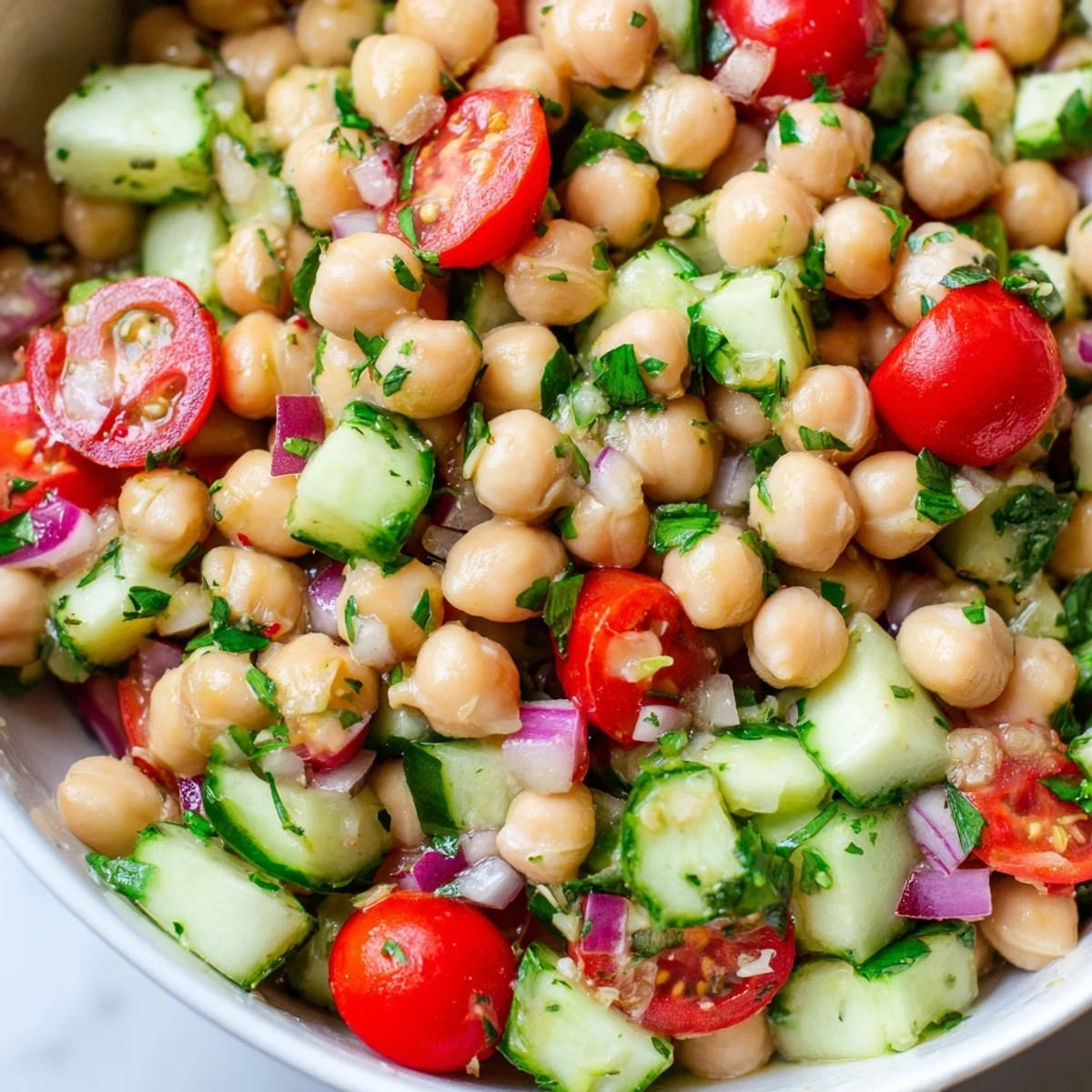 Bright chickpea cucumber salad with cherry tomatoes and fresh parsley in lemon dressing