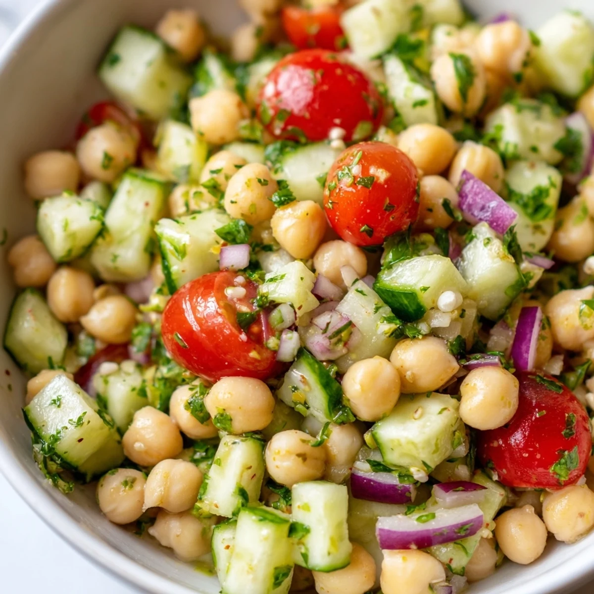 Crispy cucumber and chickpea cucumber salad tossed in zesty herb dressing ready to serve
