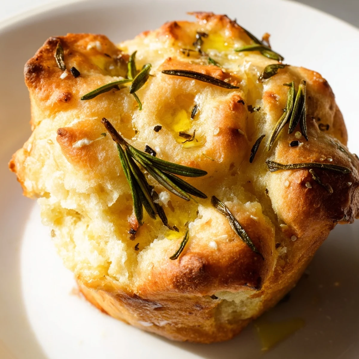 Golden garlic rosemary focaccia muffins topped with fresh herbs and flaky sea salt