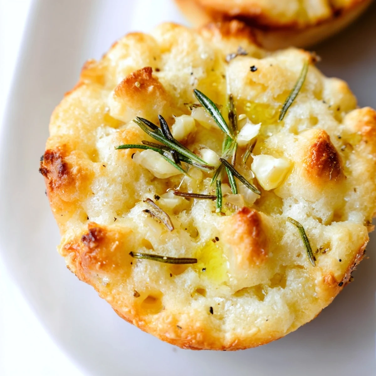 Warm garlic rosemary focaccia muffins fresh from the oven with crispy golden edges