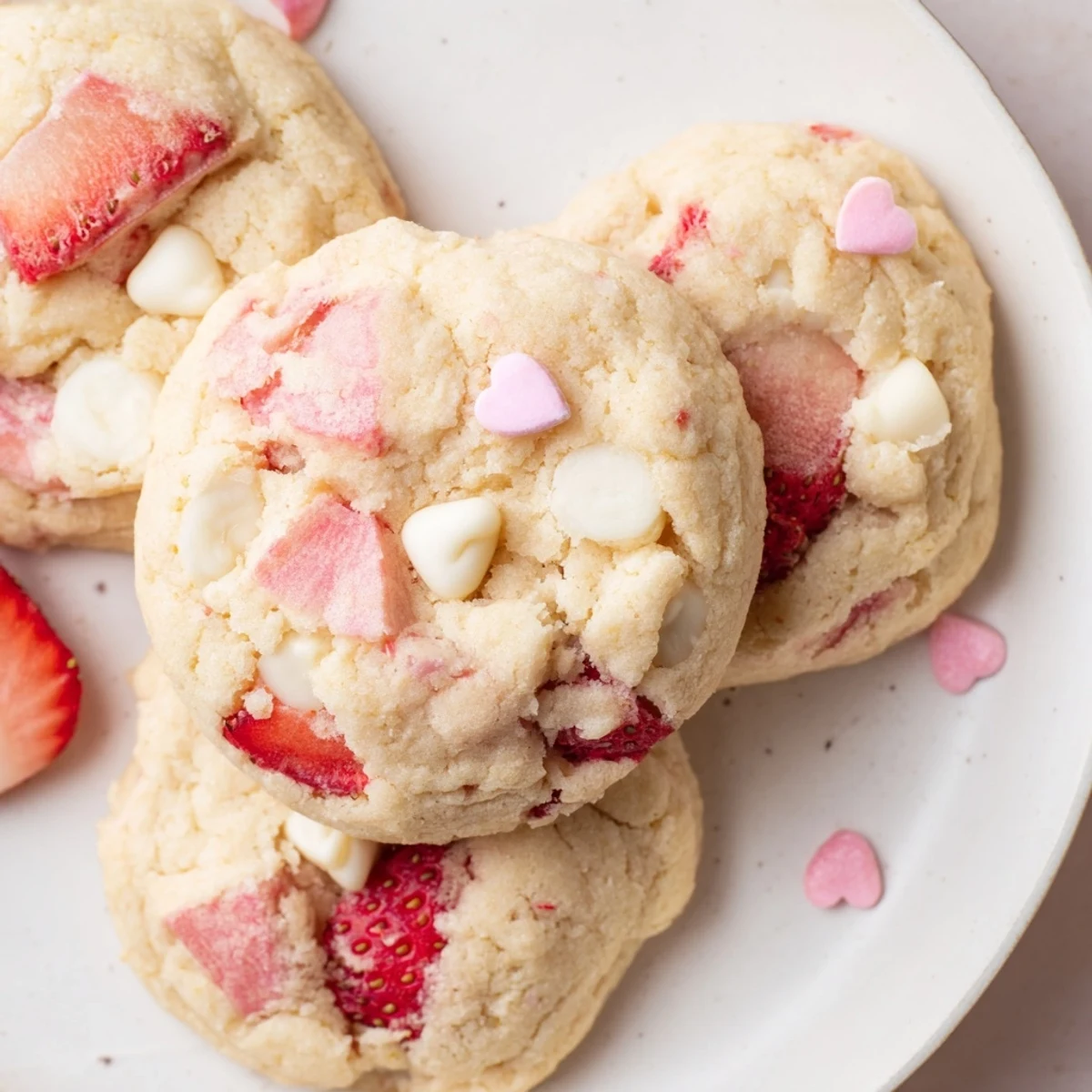 Soft pink Valentine strawberry cookies with white chocolate chips arranged on a rustic baking sheet