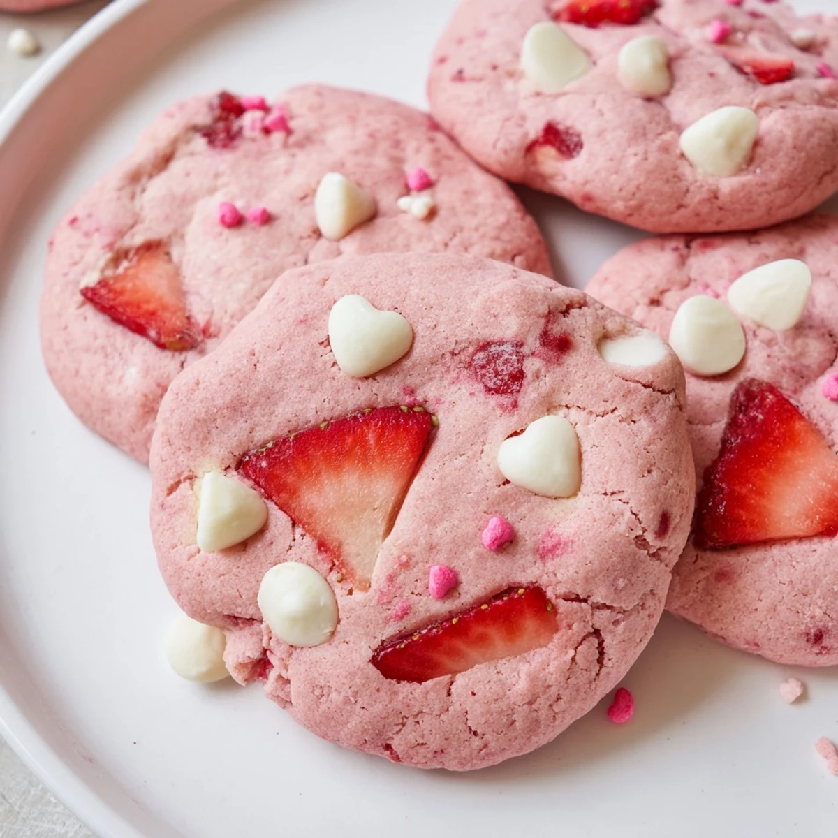 Chewy Valentine strawberry cookies topped with heart-shaped sprinkles on a white decorative plate